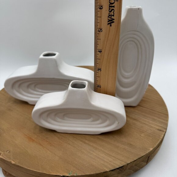 3 Vintage MCM Art Deco Oval Repeating Ring Bud Vases Marked Bottom White *READ* - Picture 13 of 16